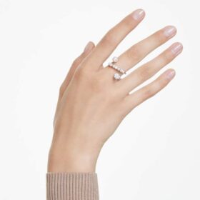 Bague cocktail Matrix avec perle en cristal, taille ronde, blanche, plaquée rhodium