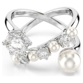 Bague cocktail Matrix avec perle en cristal, taille ronde, blanche, plaquée rhodium