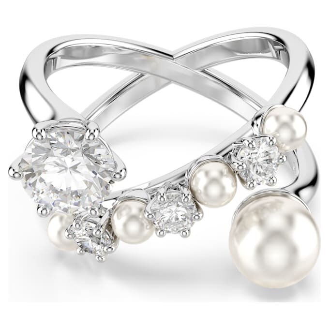 Bague cocktail Matrix avec perle en cristal, taille ronde, blanche, plaquée rhodium Bague cocktail Matrix avec perle en cristal, taille ronde, blanche, plaquée rhodium