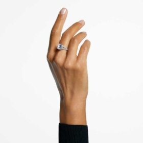 Bague cocktail Stilla, taille carrée, pavé, blanche, plaquée rhodium
