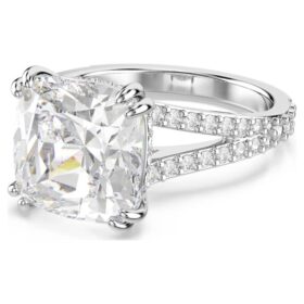 Bague cocktail Stilla, taille carrée, pavé, blanche, plaquée rhodium