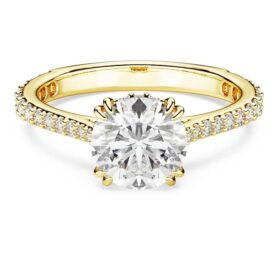 Bague cocktail Stilla, taille ronde, pavé, blanche, plaquée or