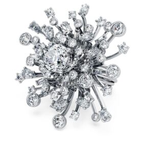 Bague Galaxy avec diamants synthétiques de 9,5 carats au total, formes variées, or blanc 18 carats