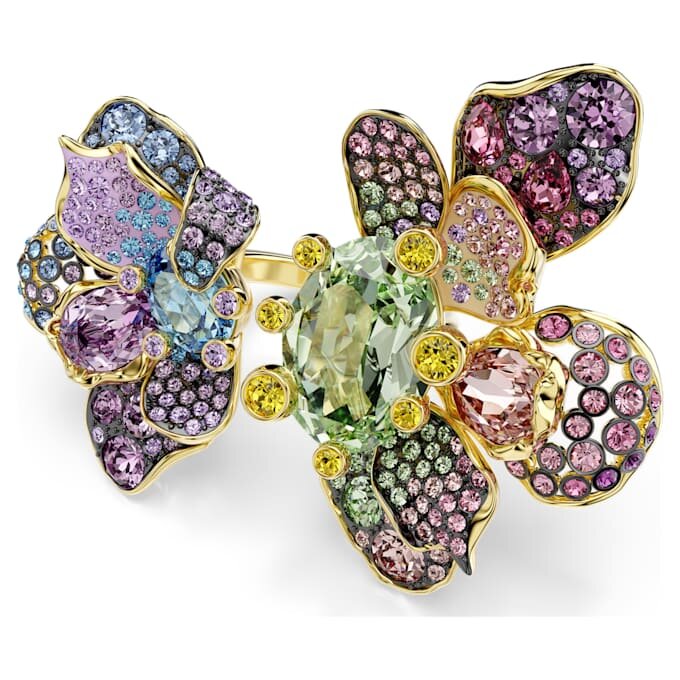 Bague Idyllia : tailles variées, pavé, motif floral, multicolore, plaquée or Bague Idyllia : tailles variées, pavé, motif floral, multicolore, plaquée or