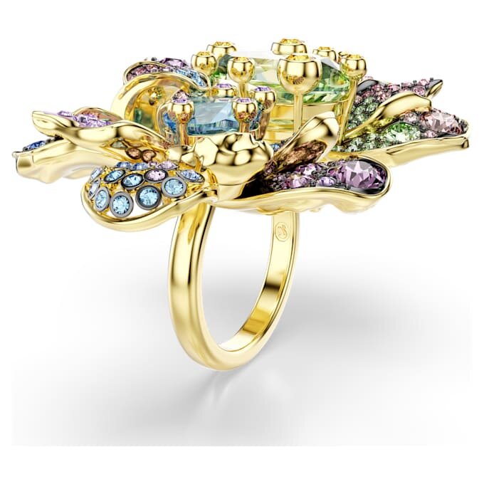 Bague Idyllia : tailles variées, pavé, motif floral, multicolore, plaquée or Bague Idyllia : tailles variées, pavé, motif floral, multicolore, plaquée or