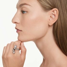 Bague ouverte « Feather » de la collection Vienna, blanche, plaquée ruthénium