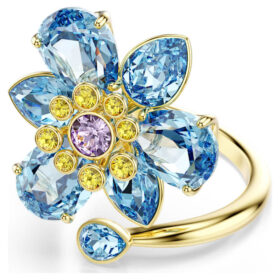 Bague ouverte Idyllia, tailles variées, fleur, bleue, plaquée or