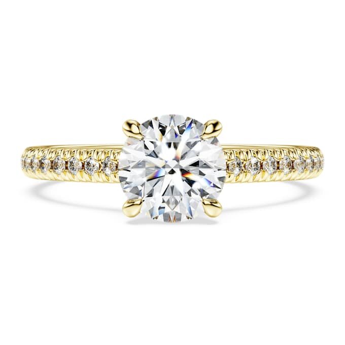 Bague solitaire Eternity avec diamants synthétiques 1,2 ct au total, forme ronde, or jaune 14 carats Bague solitaire Eternity avec diamants synthétiques 1,2 ct au total, forme ronde, or jaune 14 carats