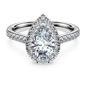 Bague solitaire Eternity Halo avec diamants synthétiques 1,3 ct au total, taille poire, or blanc 14 carats