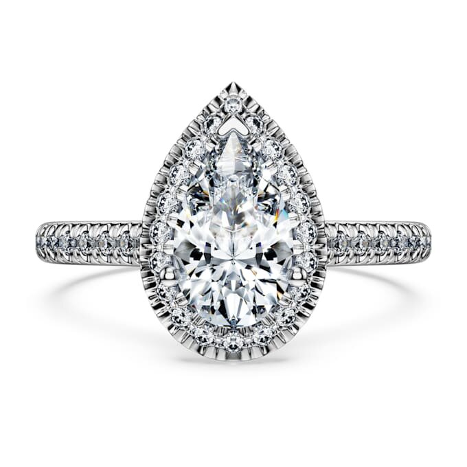 Bague solitaire Eternity Halo avec diamants synthétiques 1,3 ct au total, taille poire, or blanc 14 carats Bague solitaire Eternity Halo avec diamants synthétiques 1,3 ct au total, taille poire, or blanc 14 carats