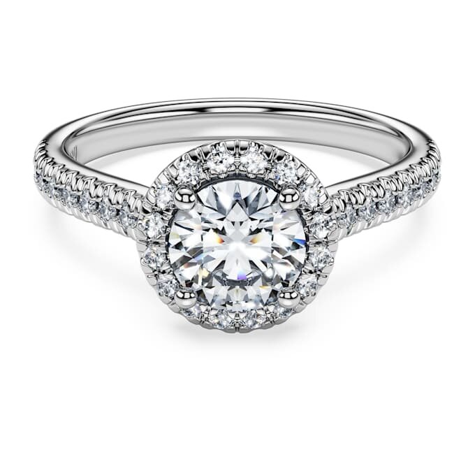 Bague solitaire Eternity Halo avec diamants synthétiques 1,33 ct au total, forme ronde, or blanc 14 carats Bague solitaire Eternity Halo avec diamants synthétiques 1,33 ct au total, forme ronde, or blanc 14 carats