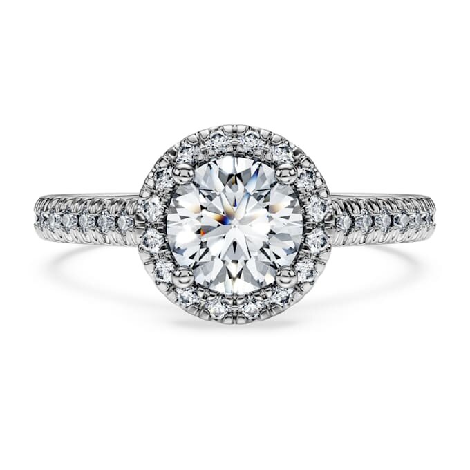 Bague solitaire Eternity Halo avec diamants synthétiques 1,33 ct au total, forme ronde, or blanc 14 carats Bague solitaire Eternity Halo avec diamants synthétiques 1,33 ct au total, forme ronde, or blanc 14 carats