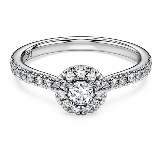 Bague solitaire « Eternity Halo » avec diamants synthétiques de 0,45 ct au total, forme ronde, argent sterling Bague solitaire « Eternity Halo » avec diamants synthétiques de 0,45 ct au total, forme ronde, argent sterling