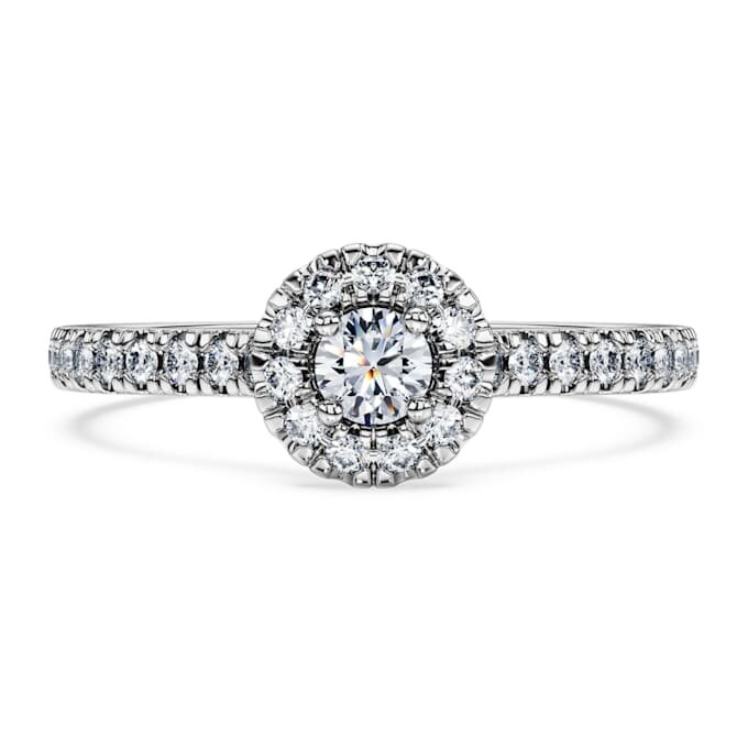 Bague solitaire « Eternity Halo » avec diamants synthétiques de 0,45 ct au total, forme ronde, argent sterling Bague solitaire « Eternity Halo » avec diamants synthétiques de 0,45 ct au total, forme ronde, argent sterling