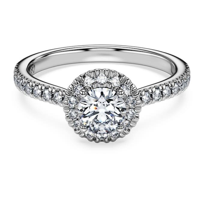 Bague solitaire Eternity Halo avec diamants synthétiques de 0,8 ct au total, forme ronde, or blanc 14 carats Bague solitaire Eternity Halo avec diamants synthétiques de 0,8 ct au total, forme ronde, or blanc 14 carats