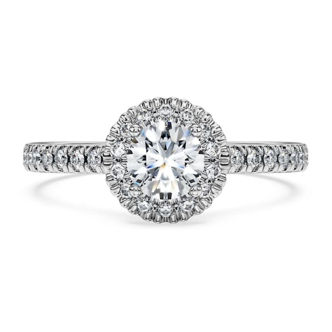 Bague solitaire Eternity Halo avec diamants synthétiques de 0,8 ct au total, forme ronde, or blanc 14 carats Bague solitaire Eternity Halo avec diamants synthétiques de 0,8 ct au total, forme ronde, or blanc 14 carats