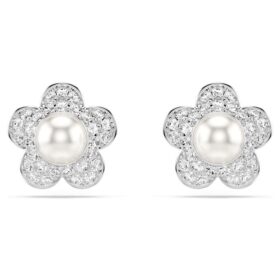 Boucles d’oreilles Ariana Grande X Swarovski : perle de cristal, taille ronde, fleur, blanc, plaqué rhodium
