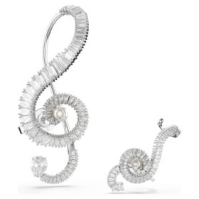 Boucles d’oreilles à clip Ariana Grande X Swarovski : design asymétrique, perle en cristal, taille baguette, blanc, plaqué rhodium
