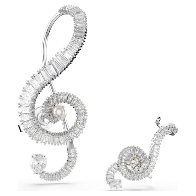 Boucles d’oreilles à clip Ariana Grande X Swarovski : design asymétrique, perle en cristal, taille baguette, blanc, plaqué rhodium Boucles d’oreilles à clip Ariana Grande X Swarovski : design asymétrique, perle en cristal, taille baguette, blanc, plaqué rhodium