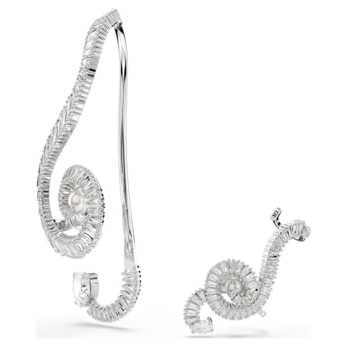 Boucles d’oreilles à clip Ariana Grande X Swarovski : design asymétrique, perle en cristal, taille baguette, blanc, plaqué rhodium Boucles d’oreilles à clip Ariana Grande X Swarovski : design asymétrique, perle en cristal, taille baguette, blanc, plaqué rhodium