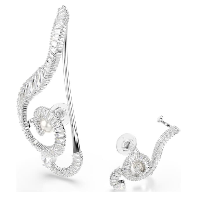 Boucles d’oreilles à clip Ariana Grande X Swarovski : design asymétrique, perle en cristal, taille baguette, blanc, plaqué rhodium Boucles d’oreilles à clip Ariana Grande X Swarovski : design asymétrique, perle en cristal, taille baguette, blanc, plaqué rhodium