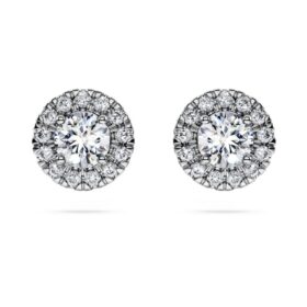 Boucles d’oreilles clous « Eternity Halo » avec diamants synthétiques de 0,75 ct au total, forme ronde, or blanc 14 carats