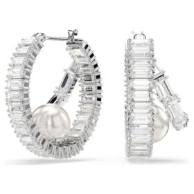 Boucles d’oreilles créoles Ariana Grande X Swarovski : perles de cristal, taille baguette, blanches, plaquées rhodium Boucles d’oreilles créoles Ariana Grande X Swarovski : perles de cristal, taille baguette, blanches, plaquées rhodium