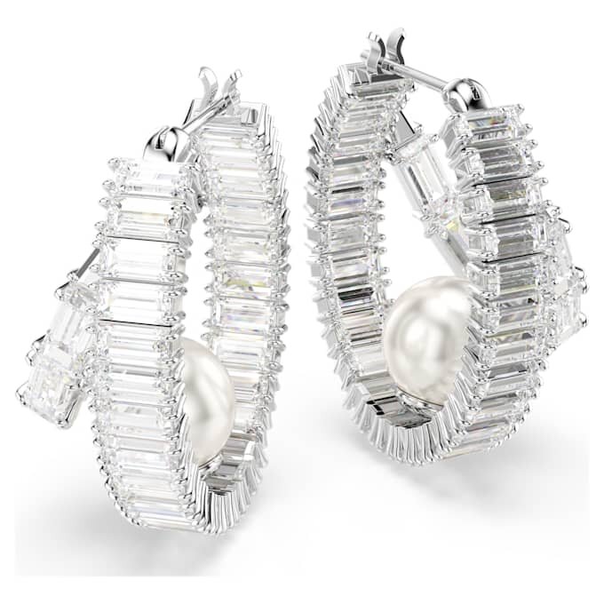Boucles d’oreilles créoles Ariana Grande X Swarovski : perles de cristal, taille baguette, blanches, plaquées rhodium Boucles d’oreilles créoles Ariana Grande X Swarovski : perles de cristal, taille baguette, blanches, plaquées rhodium