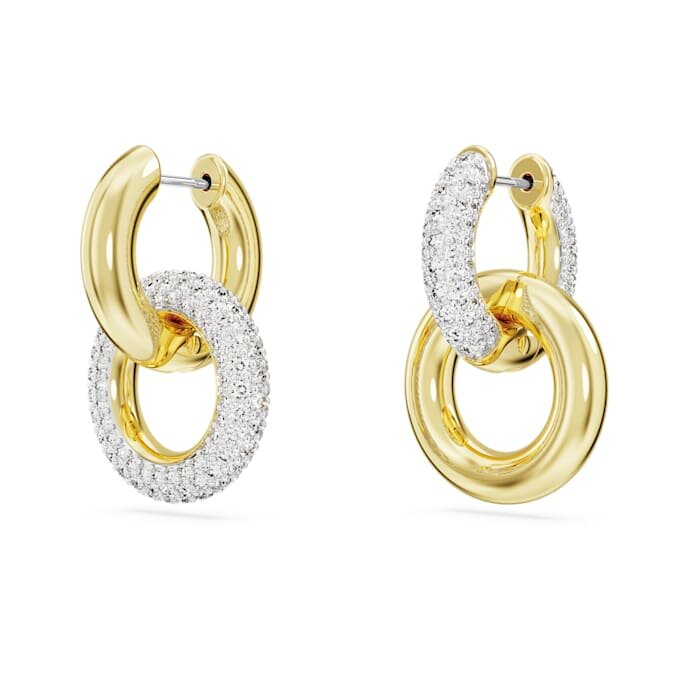 Boucles d’oreilles créoles Dextera, design asymétrique, anneaux entrelacés, blanches, plaquées or Boucles d’oreilles créoles Dextera, design asymétrique, anneaux entrelacés, blanches, plaquées or