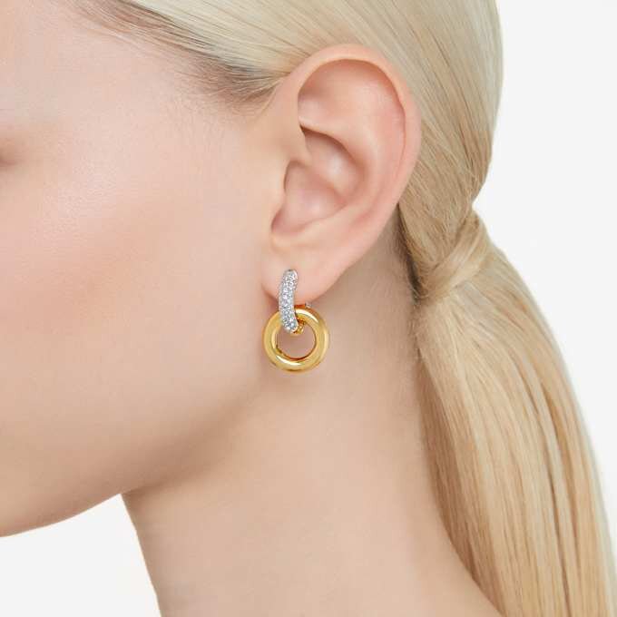 Boucles d’oreilles créoles Dextera, design asymétrique, anneaux entrelacés, blanches, plaquées or Boucles d’oreilles créoles Dextera, design asymétrique, anneaux entrelacés, blanches, plaquées or