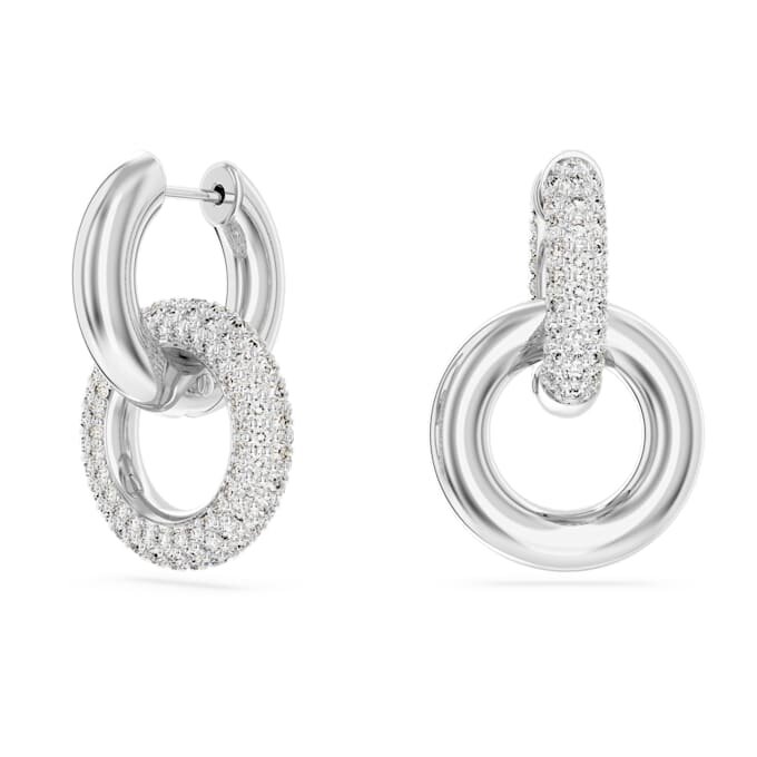 Boucles d’oreilles créoles Dextera, design asymétrique, anneaux entrelacés, blanches, plaquées rhodium Boucles d’oreilles créoles Dextera, design asymétrique, anneaux entrelacés, blanches, plaquées rhodium
