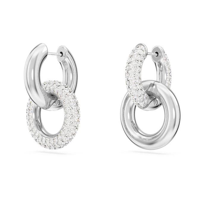 Boucles d’oreilles créoles Dextera, design asymétrique, anneaux entrelacés, blanches, plaquées rhodium Boucles d’oreilles créoles Dextera, design asymétrique, anneaux entrelacés, blanches, plaquées rhodium