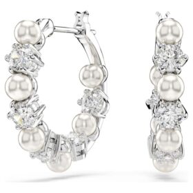 Boucles d’oreilles créoles Matrix, perles de cristal, taille ronde, blanches, plaquées rhodium