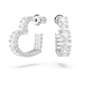 Boucles d’oreilles créoles Matrix, taille baguette, cœur, petites, blanches, plaquées rhodium