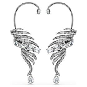 Boucles d’oreilles « Ear Cuffs » de la collection Vienna, motif plume, grand modèle, blanches, plaquées ruthénium