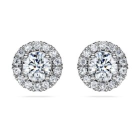 Boucles d&rsquo;oreilles « Eternity Halo » avec diamants synthétiques, 2 carats au total, forme ronde, or blanc 14 carats