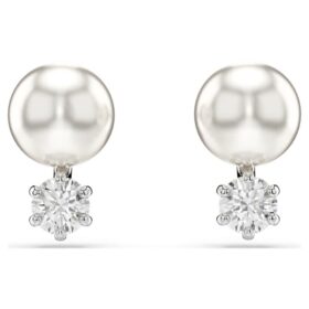 Boucles d’oreilles Matrix Crystal Pearl, taille ronde, blanches, plaquées rhodium