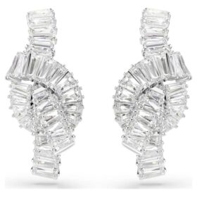 Boucles d’oreilles Matrix, taille baguette, nœud, blanches, plaquées rhodium