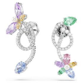 Boucles d’oreilles pendantes Ariana Grande X Swarovski avec cache-oreille, tailles variées, libellule, fleur, multicolores, plaquées rhodium