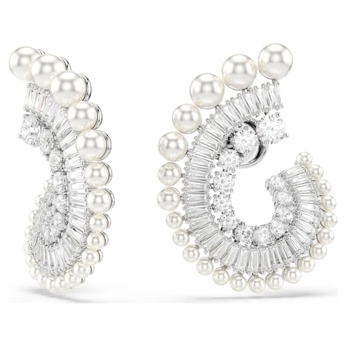Boucles d’oreilles pendantes Ariana Grande X Swarovski : perle en cristal, tailles variées, blanc, plaqué rhodium Boucles d’oreilles pendantes Ariana Grande X Swarovski : perle en cristal, tailles variées, blanc, plaqué rhodium