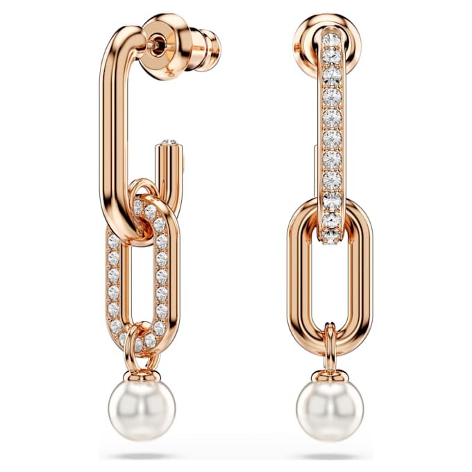 Boucles d’oreilles pendantes Constella avec perle en cristal, taille ronde, blanches, plaquées or rose Boucles d’oreilles pendantes Constella avec perle en cristal, taille ronde, blanches, plaquées or rose