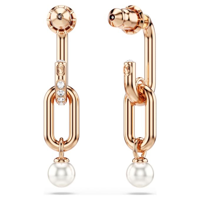 Boucles d’oreilles pendantes Constella avec perle en cristal, taille ronde, blanches, plaquées or rose Boucles d’oreilles pendantes Constella avec perle en cristal, taille ronde, blanches, plaquées or rose