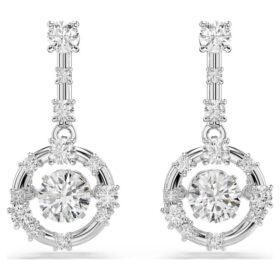 Boucles d’oreilles pendantes Constella, taille ronde, pierre dansante, blanches, plaquées rhodium