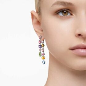 Boucles d’oreilles pendantes Gema : design asymétrique, tailles variées, longues, multicolores, plaquées rhodium