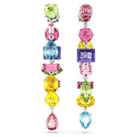 Boucles d’oreilles pendantes Gema : design asymétrique, tailles variées, longues, multicolores, plaquées rhodium