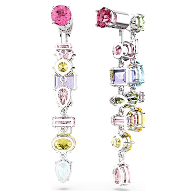Boucles d’oreilles pendantes Gema : design asymétrique, tailles variées, longues, multicolores, plaquées rhodium Boucles d’oreilles pendantes Gema : design asymétrique, tailles variées, longues, multicolores, plaquées rhodium