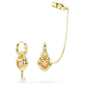 Boucles d’oreilles pendantes Idyllia avec ear cuff, tailles variées, cœur et clé, rose, plaqué or