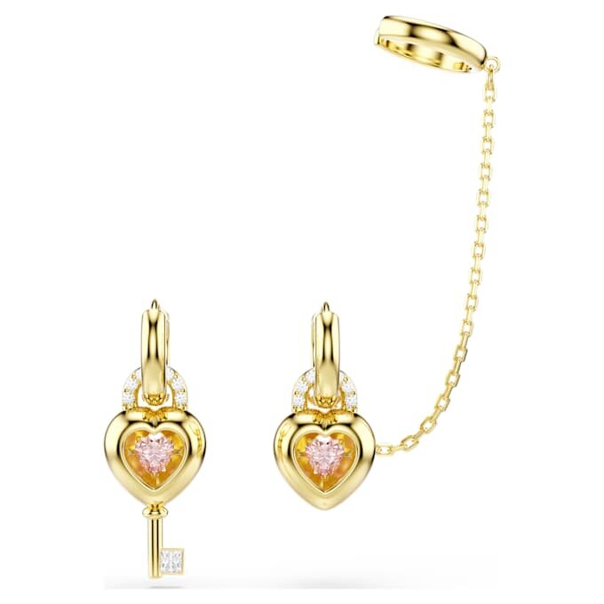 Boucles d’oreilles pendantes Idyllia avec ear cuff, tailles variées, cœur et clé, rose, plaqué or Boucles d’oreilles pendantes Idyllia avec ear cuff, tailles variées, cœur et clé, rose, plaqué or