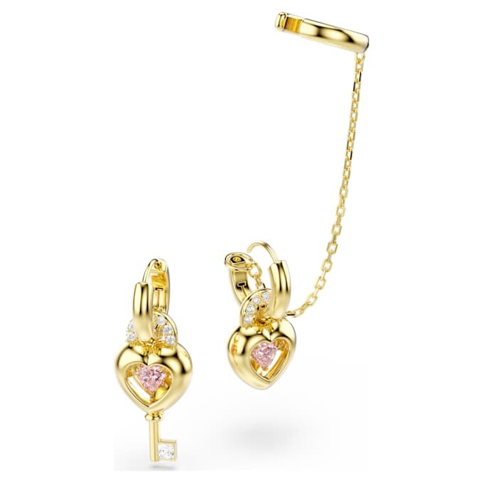 Boucles d’oreilles pendantes Idyllia avec ear cuff, tailles variées, cœur et clé, rose, plaqué or Boucles d’oreilles pendantes Idyllia avec ear cuff, tailles variées, cœur et clé, rose, plaqué or