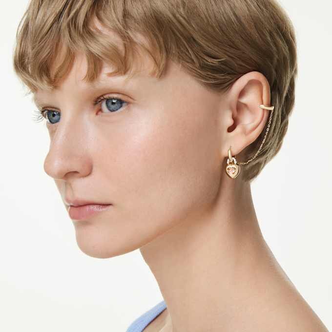 Boucles d’oreilles pendantes Idyllia avec ear cuff, tailles variées, cœur et clé, rose, plaqué or Boucles d’oreilles pendantes Idyllia avec ear cuff, tailles variées, cœur et clé, rose, plaqué or